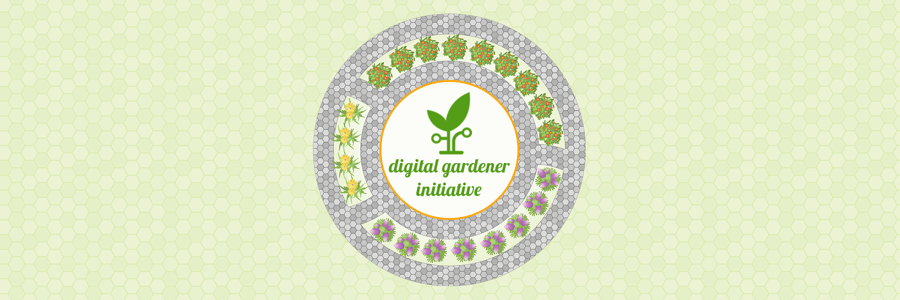 A green honeycomb style background with a circular image of a garden, with a green plant that is part of the Digital Gardener Initiative logo.